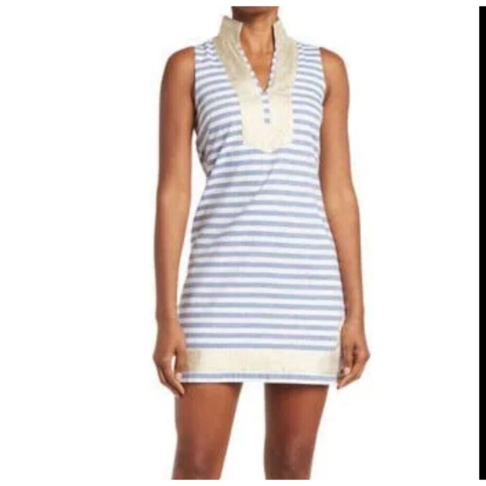 Eliza J Dress Gold Metallic Mandarin Collar Sleeveless‎ Shift Dress Blue Stripes